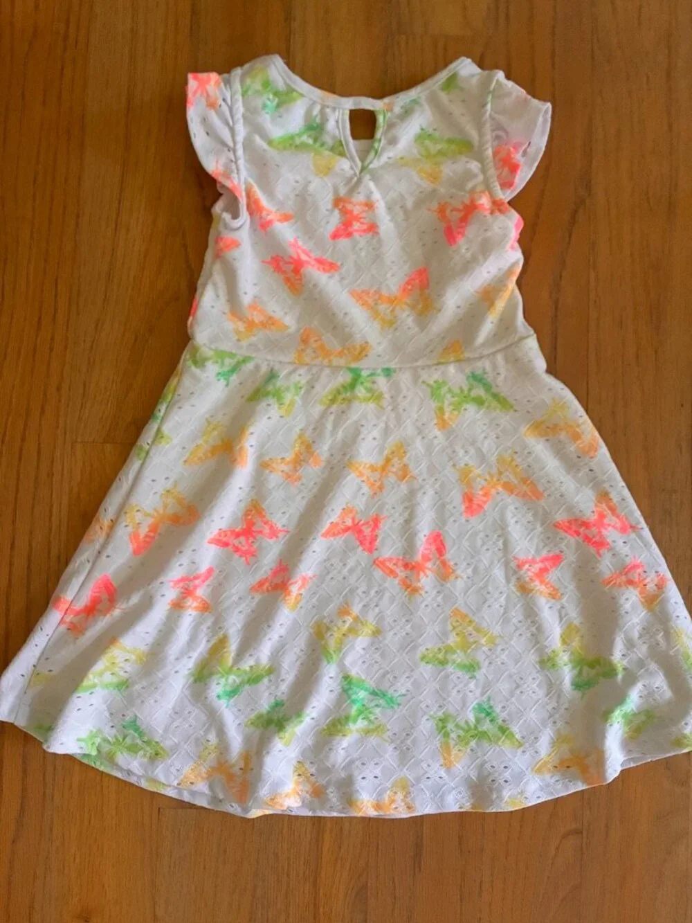 Epic Threads Girls Size 6 White Eyelet Neon Butterfly Dress Flutter Sleeve